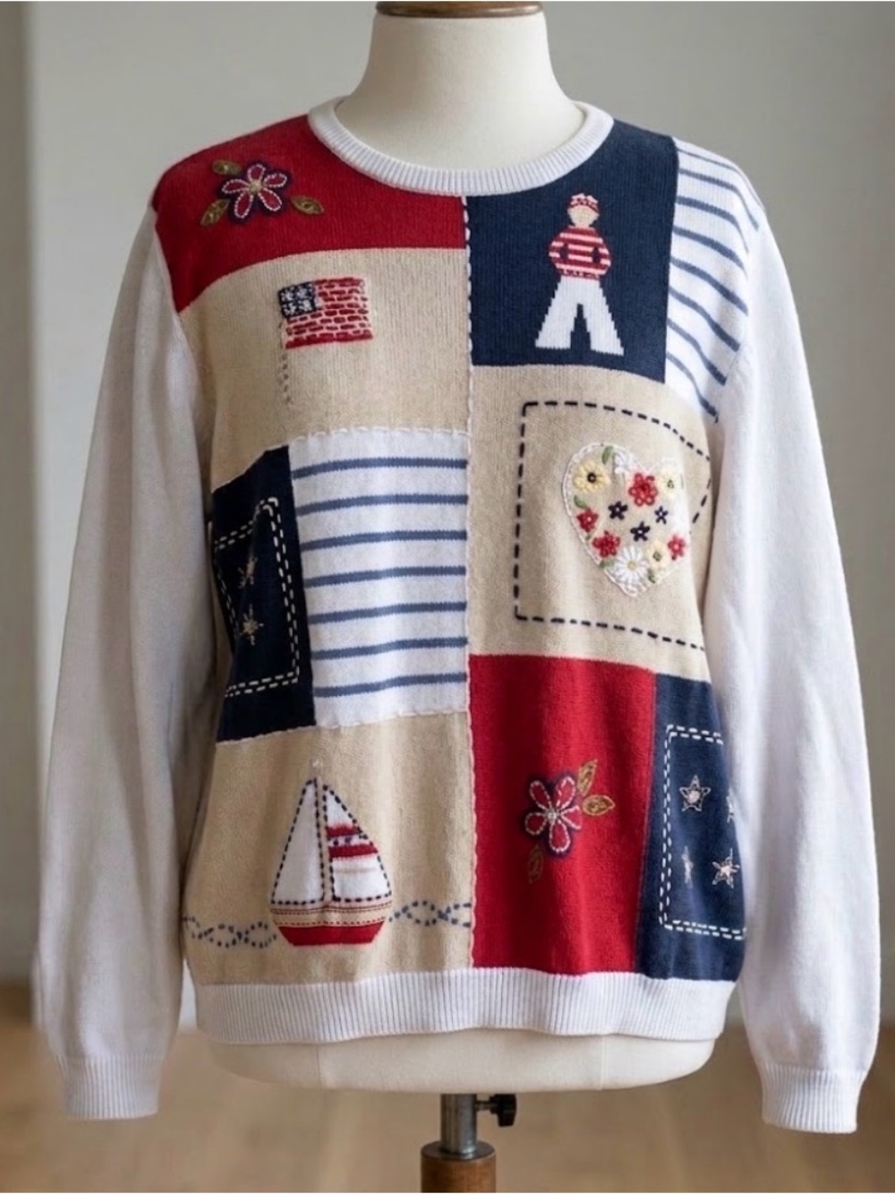 Patchwork Nautical Sweater - Red, Navy, Cream
